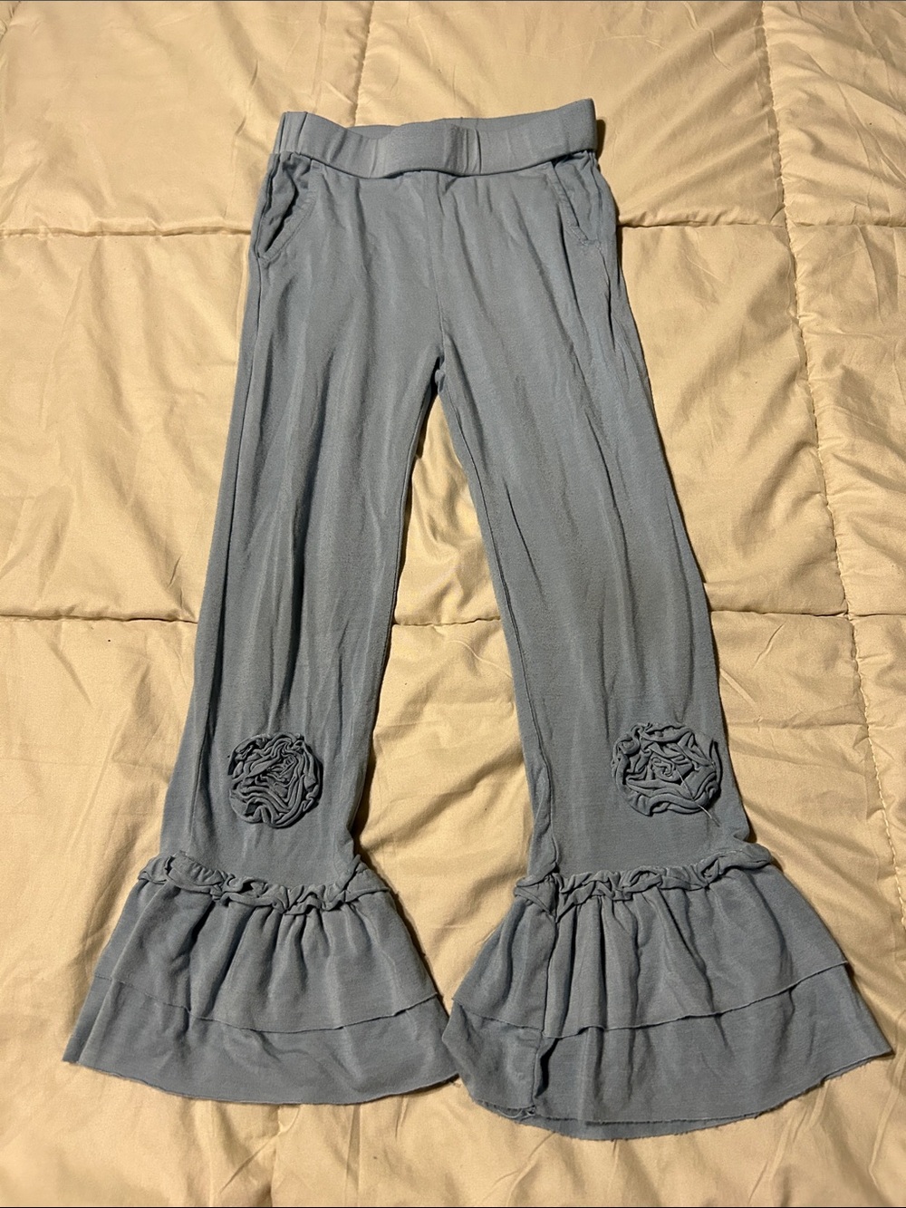 Ruffled Hem Wide-Leg Pants in Dusty Blue
